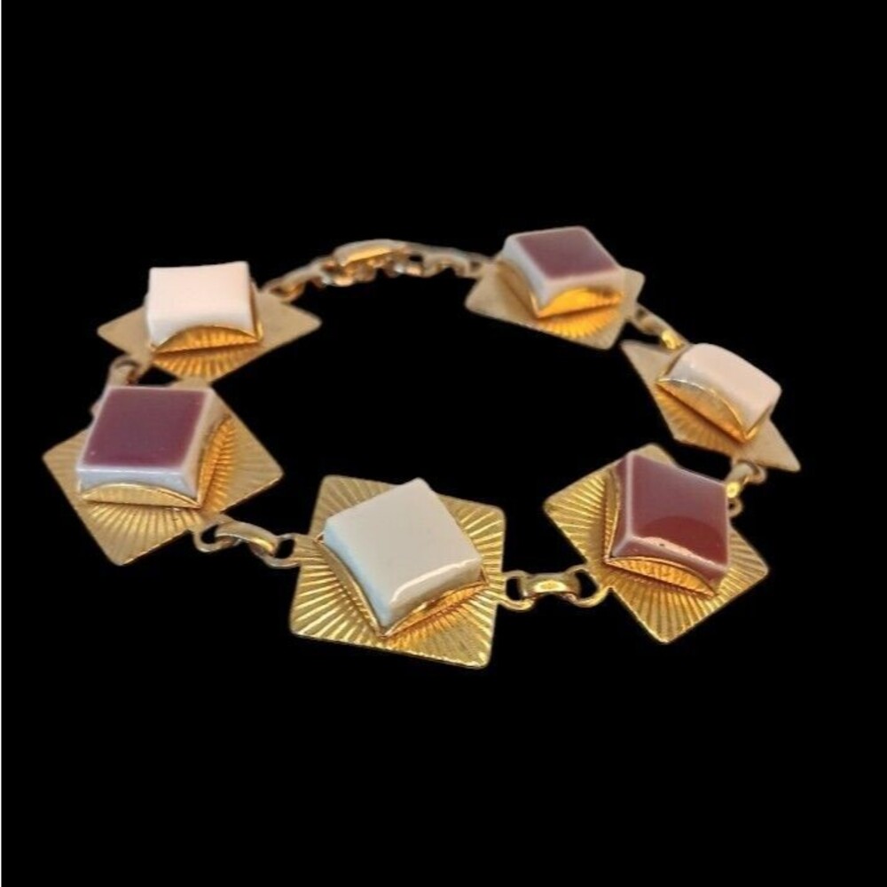 Vintage Goldtone Geometric Tile Bracelet White & Reddish Brown Tiles 7" x .5"